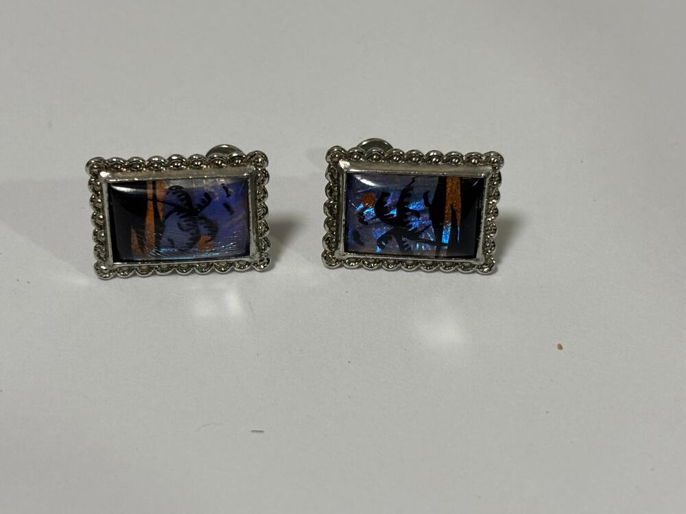 Vintage Butterfly Wing Morpho Screw Back Earrings Palm Tree Ocean Moon